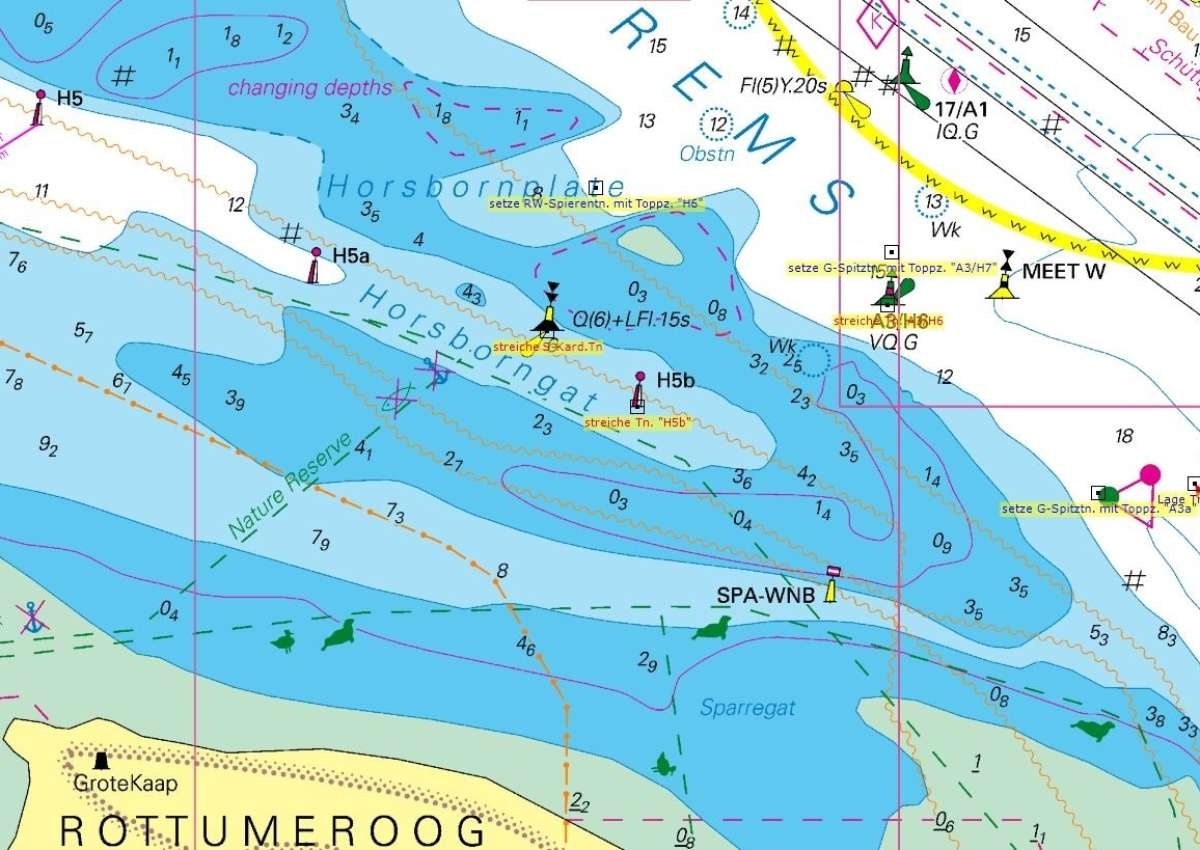 Hubertgat - morphologische Veränderungen, Änderung der Schifffahrtszeichen / Changing depths, change of buoyage - Navinfo near Warffum